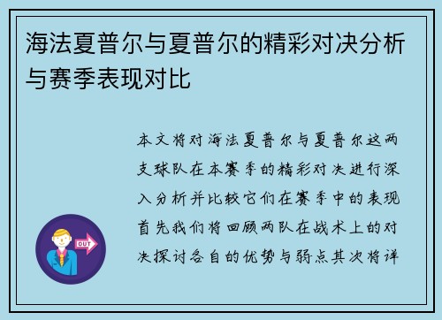 海法夏普尔与夏普尔的精彩对决分析与赛季表现对比