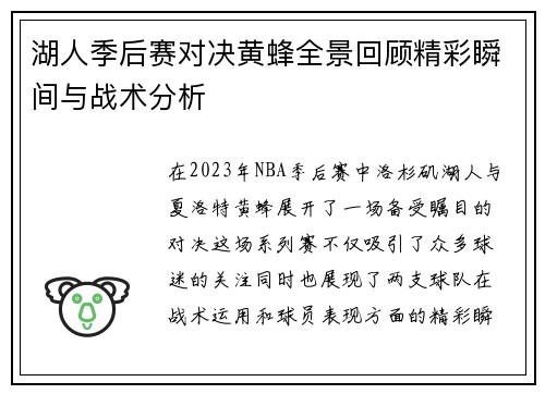 湖人季后赛对决黄蜂全景回顾精彩瞬间与战术分析