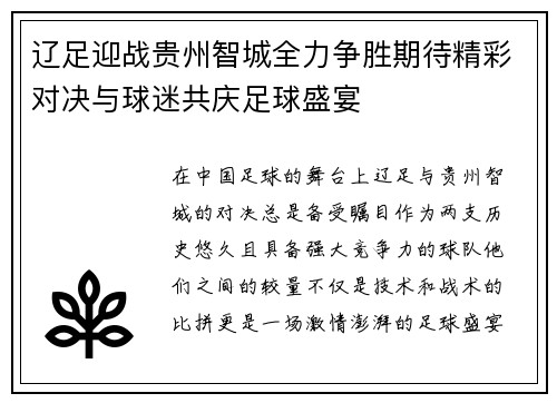 辽足迎战贵州智城全力争胜期待精彩对决与球迷共庆足球盛宴